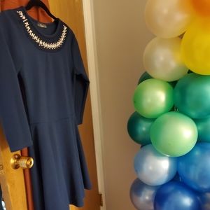 Pine Navy embellished neck fit amd flare dress